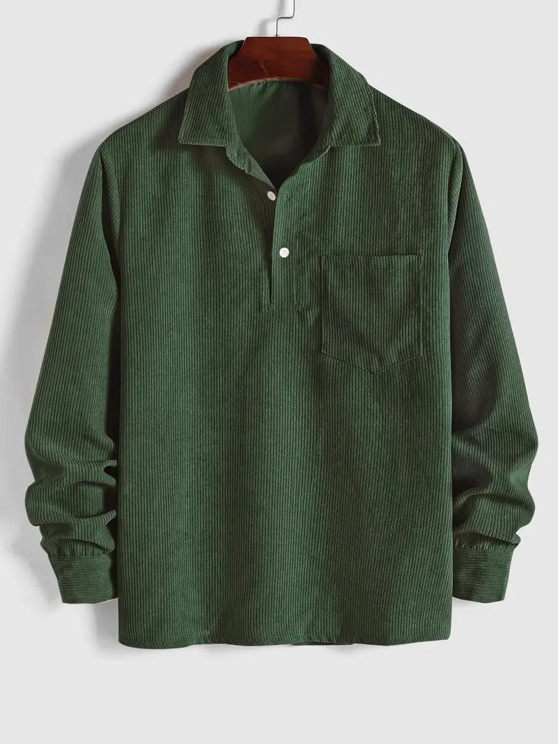 Men's Plain Pocket Half Button Corduroy Shirt
