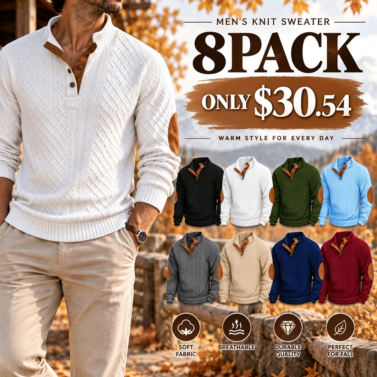 Men's Stand Collar Jacquard Knit Sweater, Micro Stretch 100% Polyester Elbow Patch Long Sleeve Top