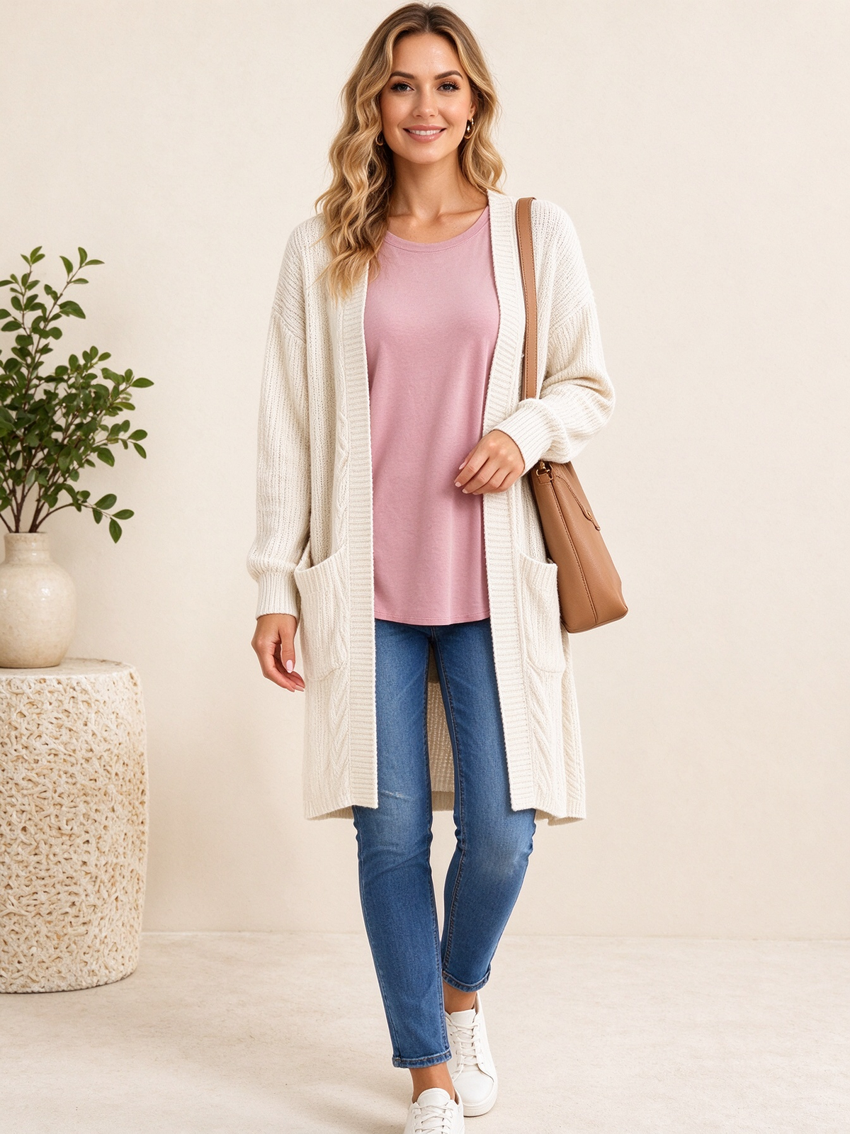 Crewneck top styled with a cardigan