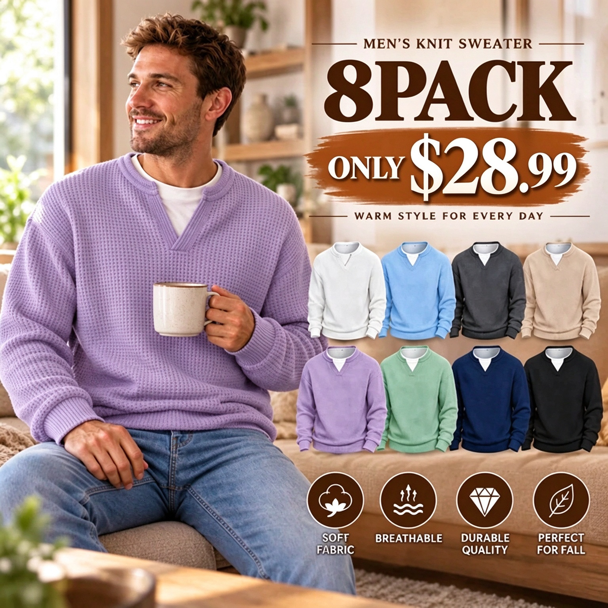 ⌛Limited-Time Offer⌛Men's Waffle-Knit Long-Sleeve V-Neck Pullover Shirt, Faux 2-Piece Street Look