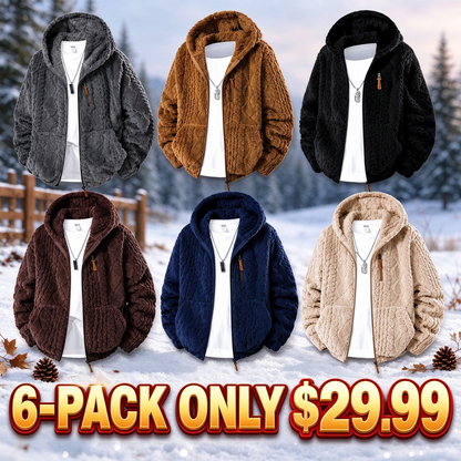 Men's Jacquard Thermal Fleece Zip-Up Hoodie, Loose Fit Warm Plush Texture Hooded Jacket with Kangaroo Pockets