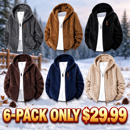 Men's Jacquard Thermal Fleece Zip-Up Hoodie, Loose Fit Warm Plush Texture Hooded Jacket with Kangaroo Pockets