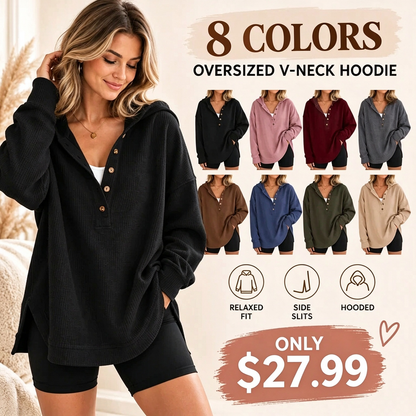 Women’s Oversized V-Neck Hoodie – Relaxed Button Pullover with Side Slits