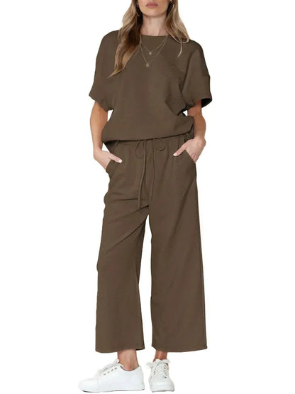 ⏰Women's Textured Loose Fit T Shirt and Drawstring Pants Casual Set