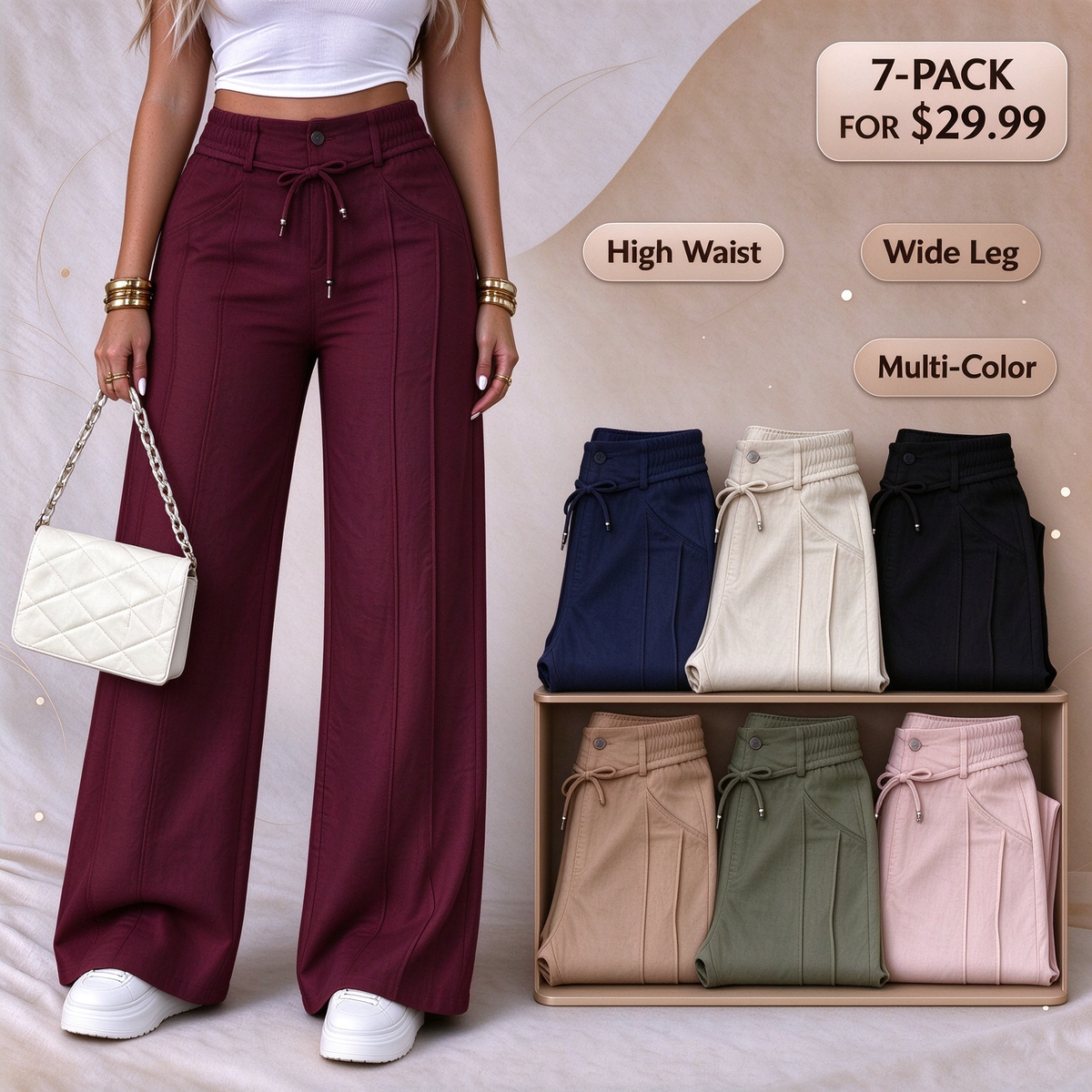 2026 New Women's Wide Leg Casual Pants Trouser, Vertical Line Pleated Design