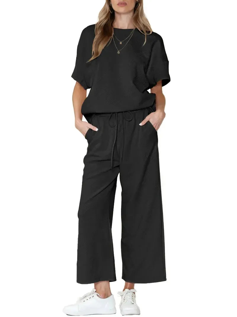 ⏰Women's Textured Loose Fit T Shirt and Drawstring Pants Casual Set