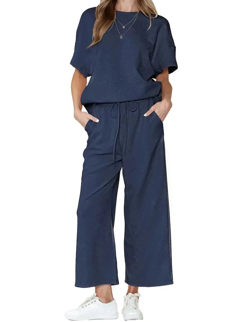 ⏰Women's Textured Loose Fit T Shirt and Drawstring Pants Casual Set