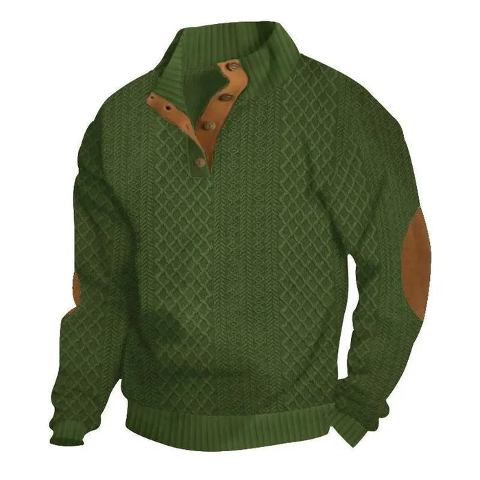 Men's Stand Collar Jacquard Knit Sweater, Micro Stretch 100% Polyester Elbow Patch Long Sleeve Top product view 8
