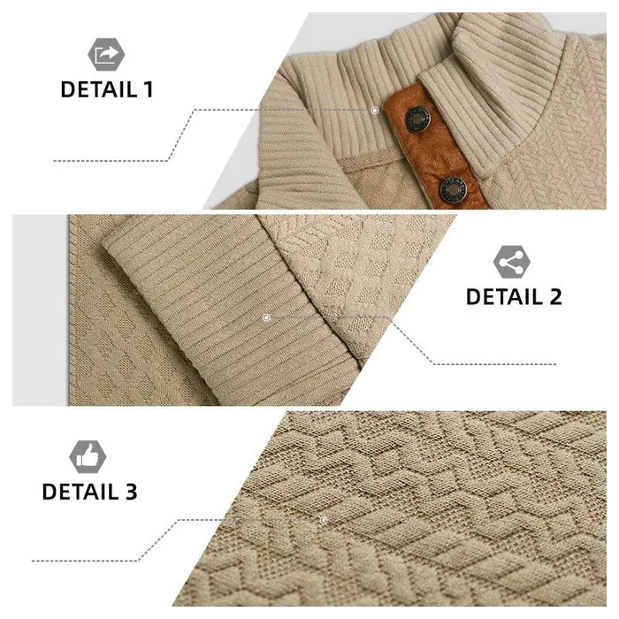 Men's Stand Collar Jacquard Knit Sweater, Micro Stretch 100% Polyester Elbow Patch Long Sleeve Top product view 3