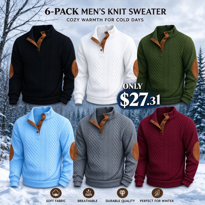 Men's Stand Collar Jacquard Knit Sweater, Micro Stretch 100% Polyester Elbow Patch Long Sleeve Top
