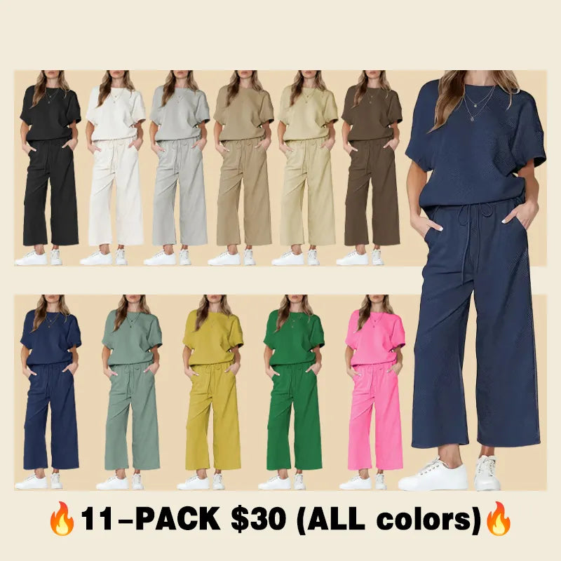 ⏰Women's Textured Loose Fit T Shirt and Drawstring Pants Casual Set