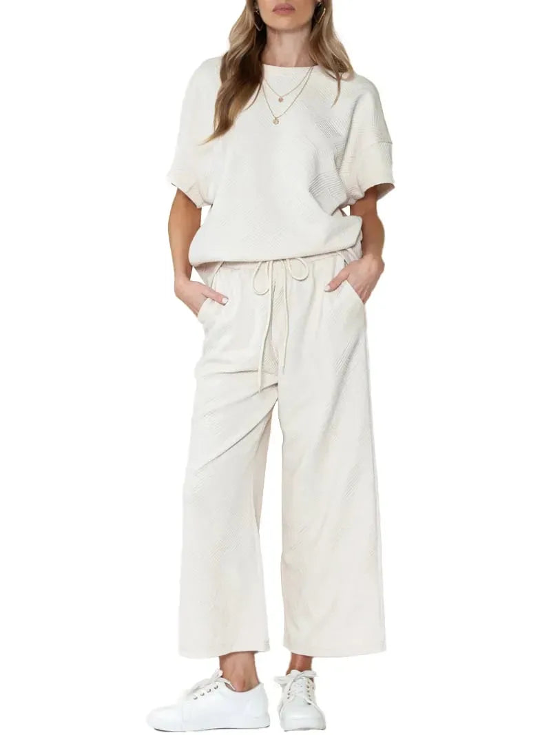 ⏰Women's Textured Loose Fit T Shirt and Drawstring Pants Casual Set
