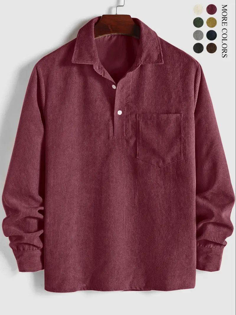 Men's Plain Pocket Half Button Corduroy Shirt