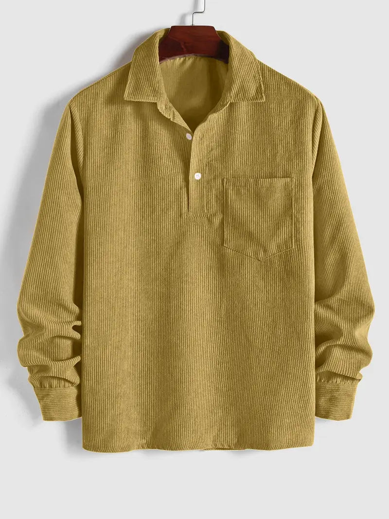 Men's Plain Pocket Half Button Corduroy Shirt