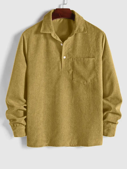 Men's Plain Pocket Half Button Corduroy Shirt
