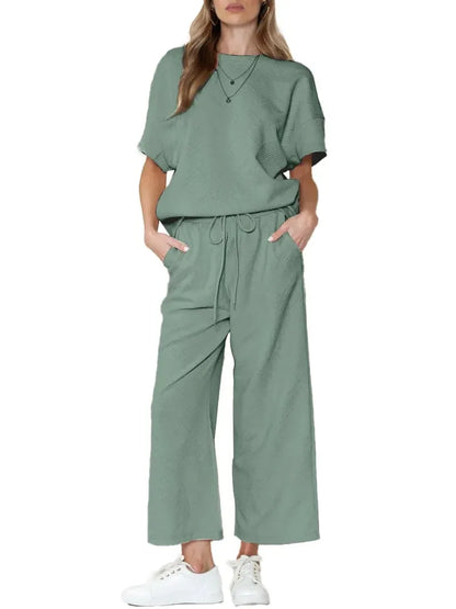 ⏰Women's Textured Loose Fit T Shirt and Drawstring Pants Casual Set