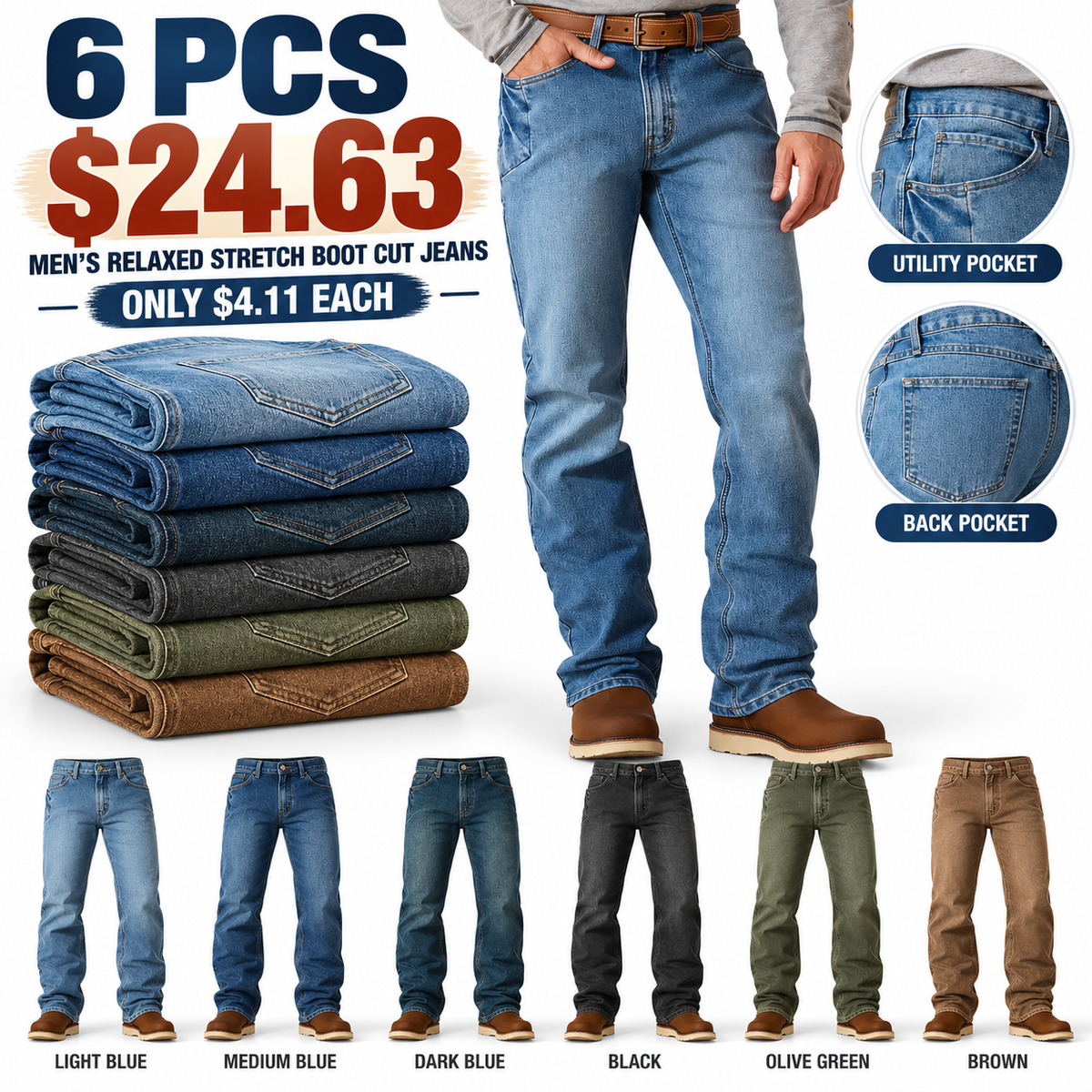 🔥 BESTSELLER | 9PCS $27.99 | Men's Relaxed Stretch Boot Cut Jeans